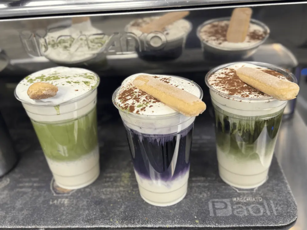 Matcha, ube and coffee specialty drinks