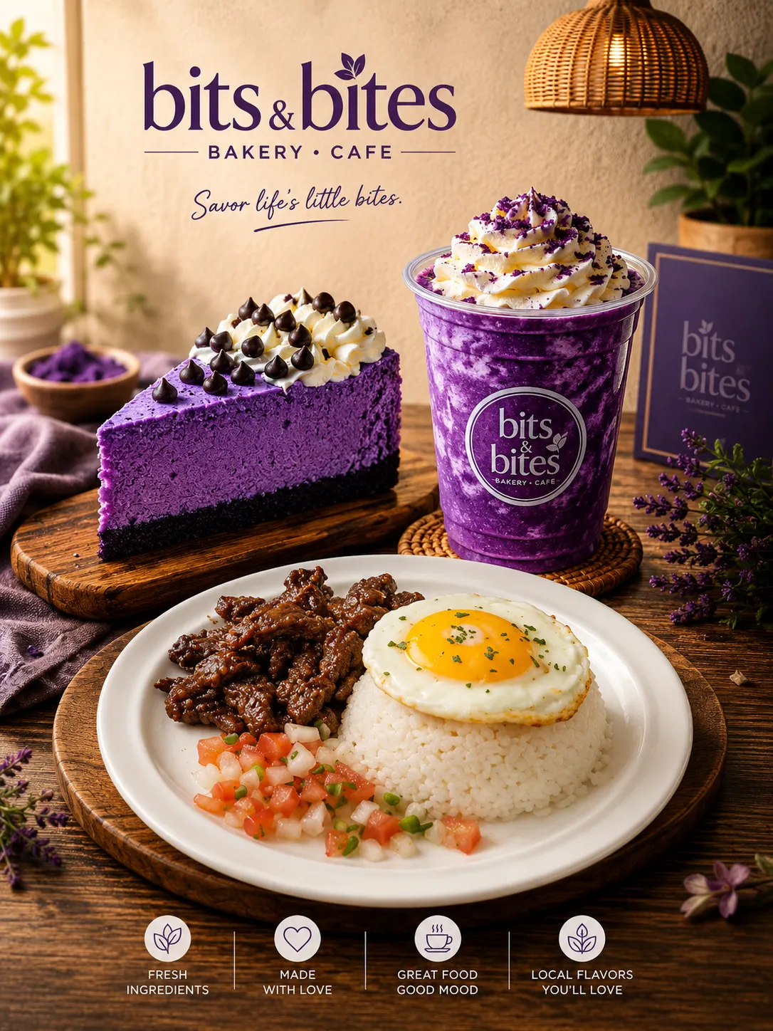 Tapsilog plate with an ube cheesecake slice and an ube frappe at Bits N Bites
